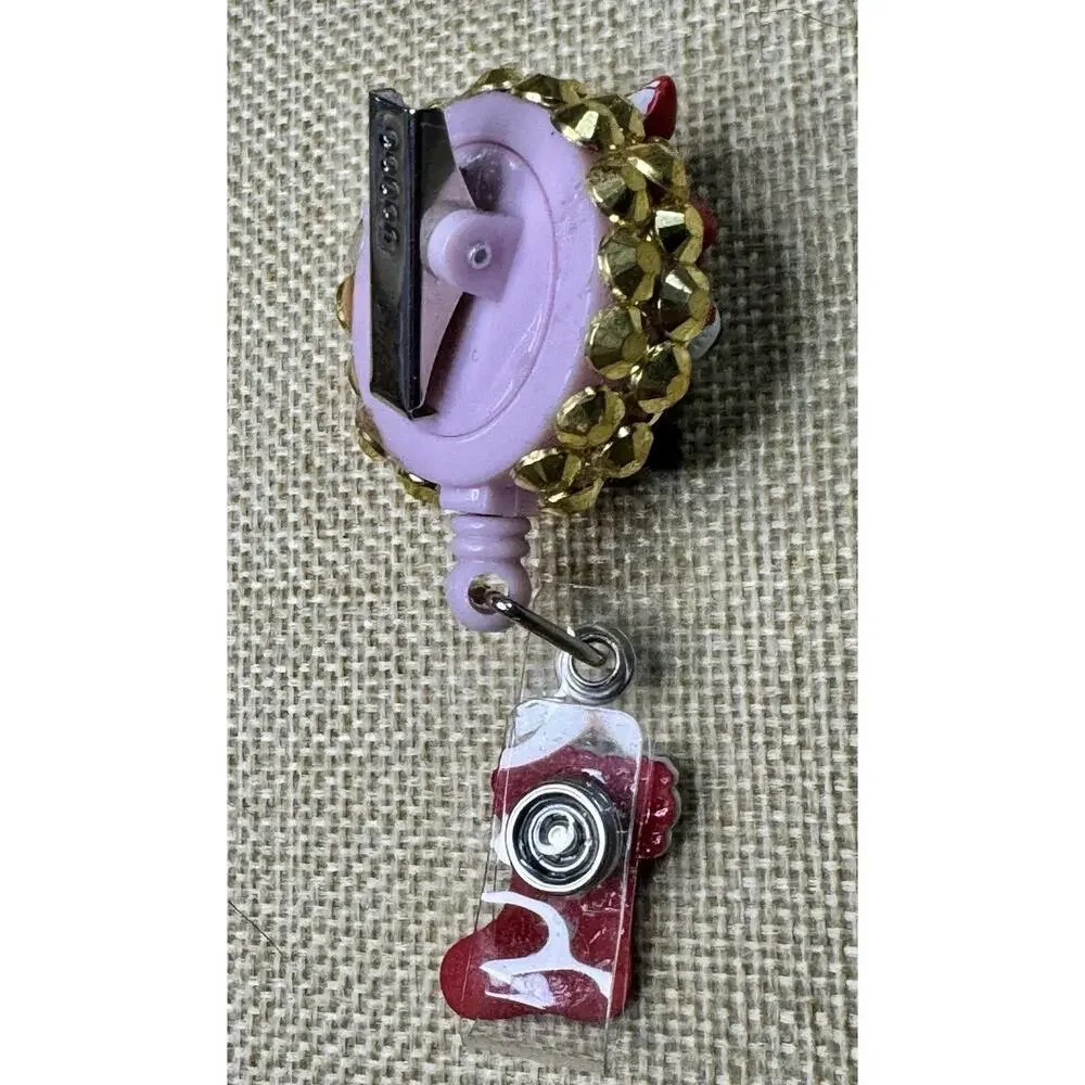 Snowman Retractable Badge Holder Gold Rhinestones Handmade Alligator Clip